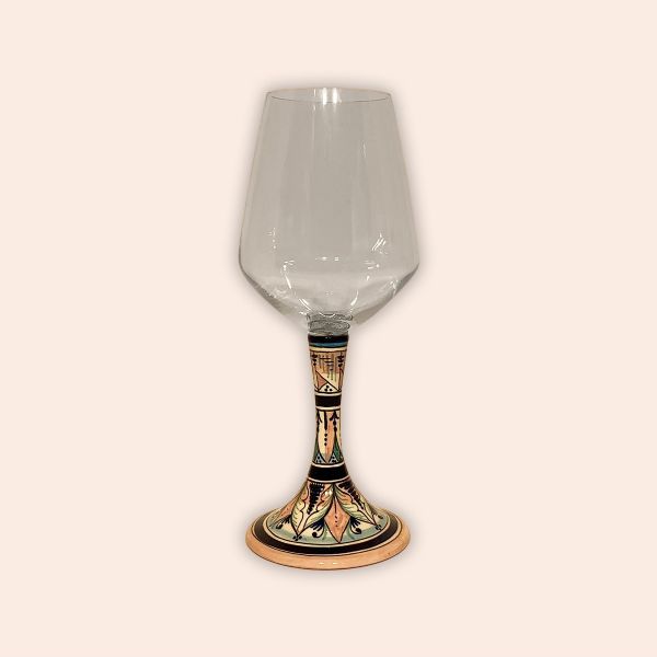 ELEGANT LEAD-FREE CRYSTAL GLASS WITH CERAMIC STEM. DESIGN: GEOMETRIC WITH BLUE AND PALE PINK cm.23h